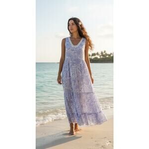 Free People S Lavender Floral Maxi Dress - Lace Trim Boho Tiered Beachy Coastal